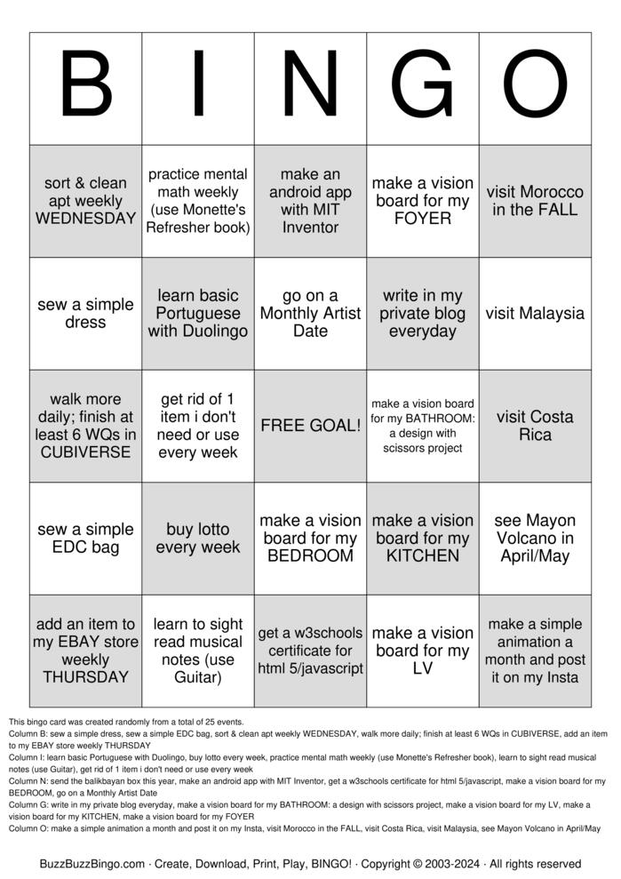Download Free GOALS 2025 Bingo Cards