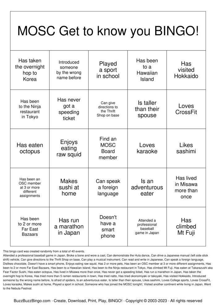 Download Free Getting to Know you! Bingo Cards