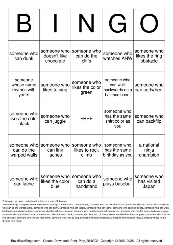 NINJA Bingo Cards to Download, Print and Customize!