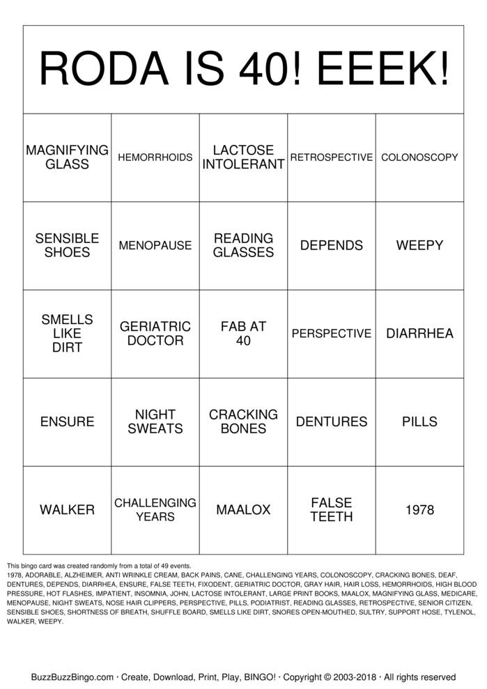 OVER THE HILL Bingo Cards to Download, Print and Customize!