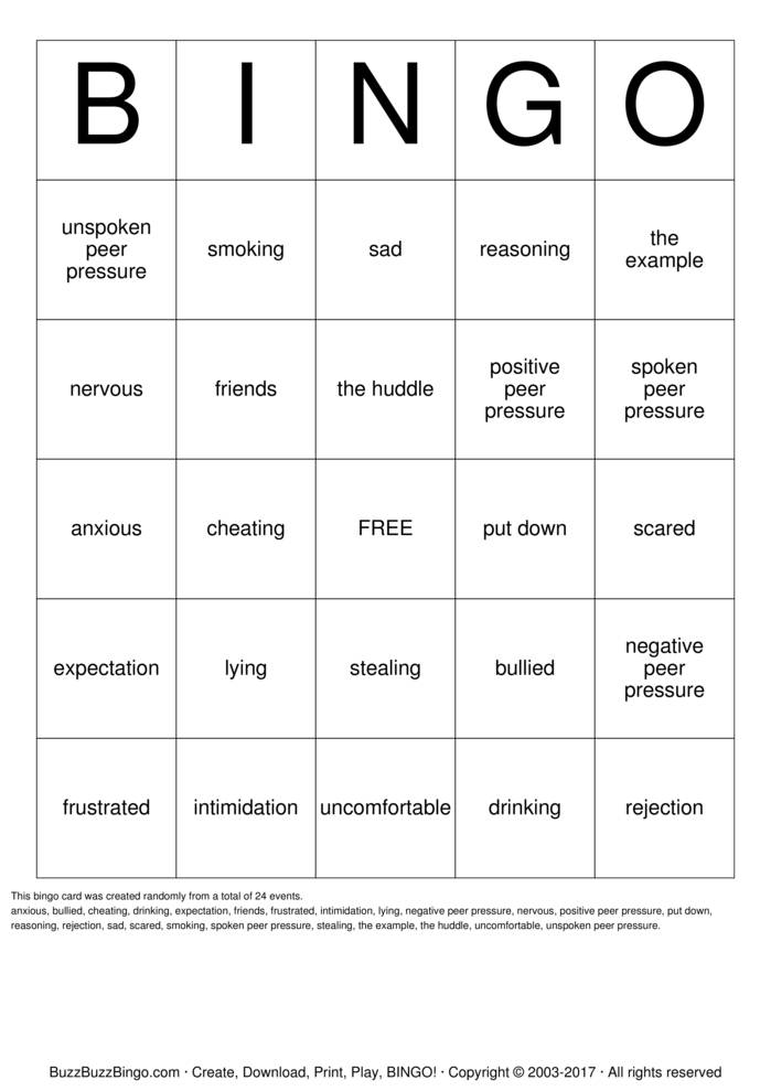 Download Free Peer Pressure Bingo Cards