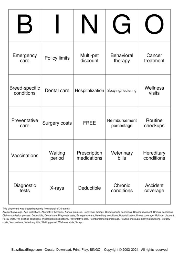 Download Free Pet Insurance Bingo Cards