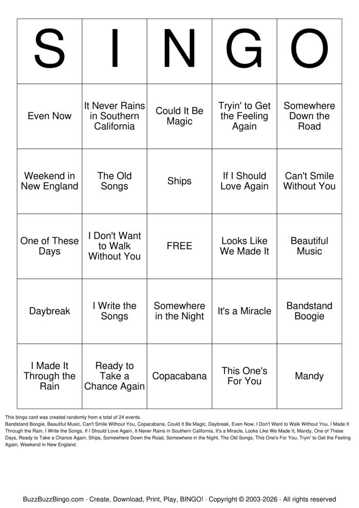 Download Free SINGO - CLASSIC Bingo Cards