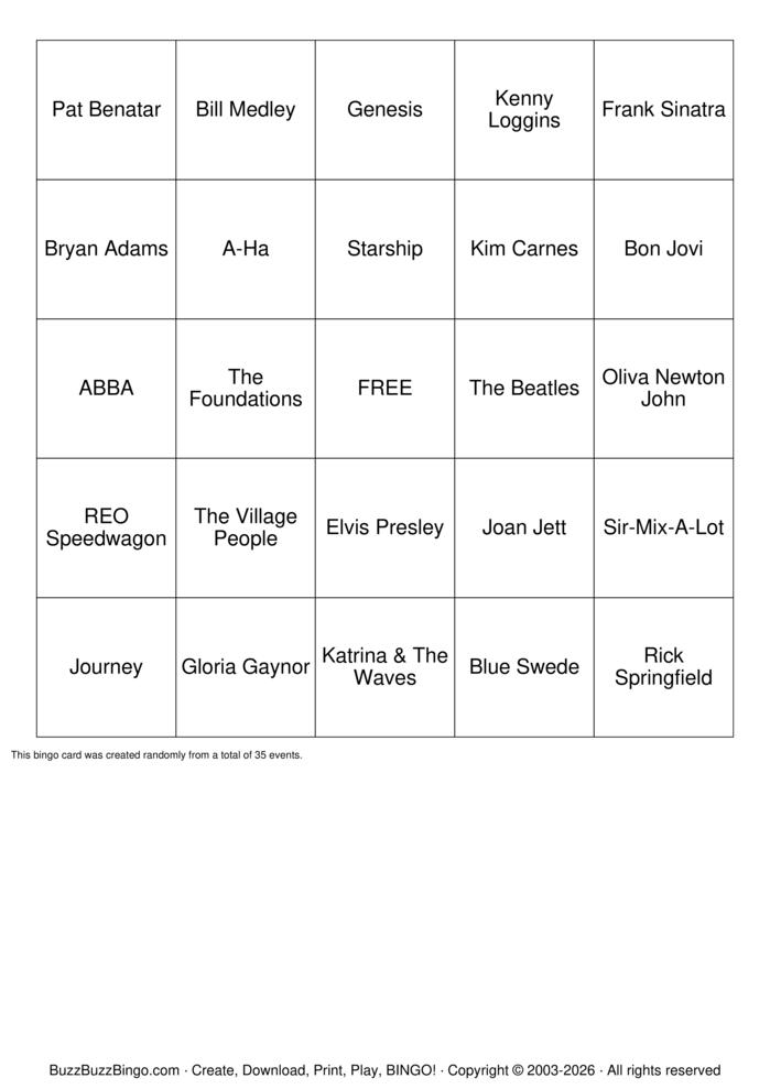 Download Free Sing-A-Longs Bingo Cards