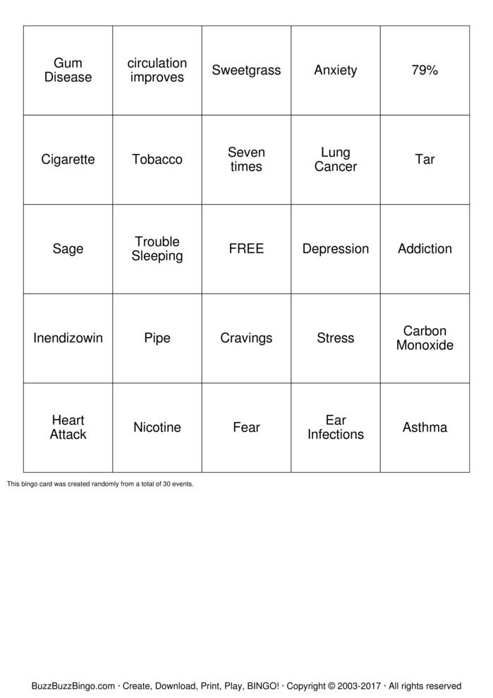 Smoking Cessation BINGO Bingo Cards to Download, Print and Customize!