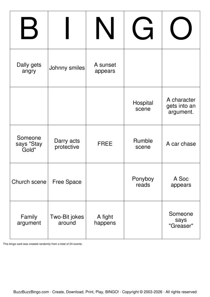 Download Free The Outsiders  Bingo Cards