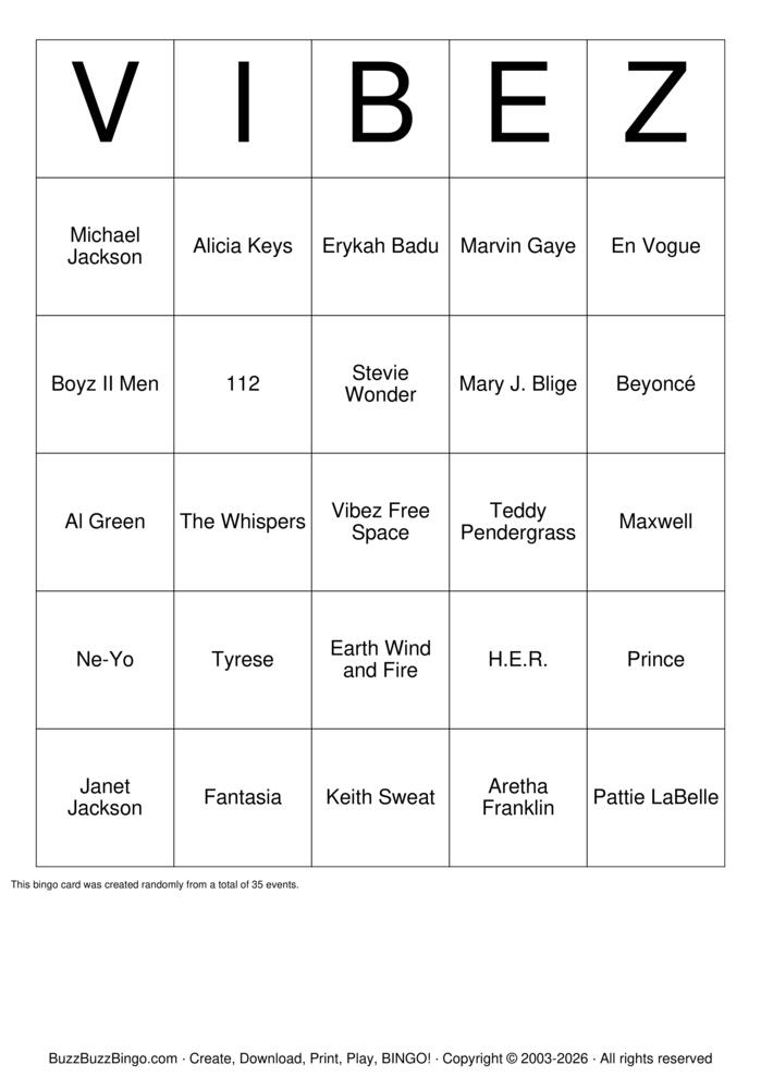 Download Free Vibez RnB Bingo Bingo Cards