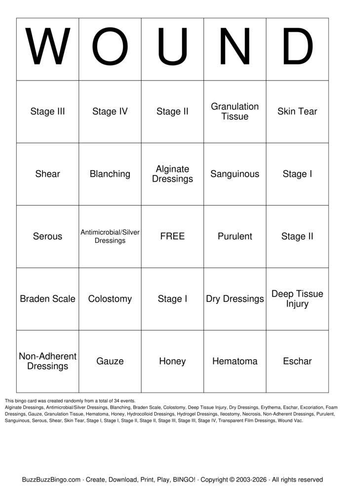 Download Free Wound Care Bingo Cards