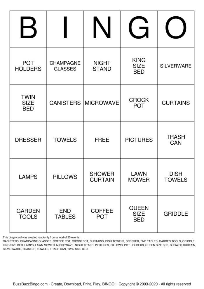 Download Free housewarming Bingo Cards