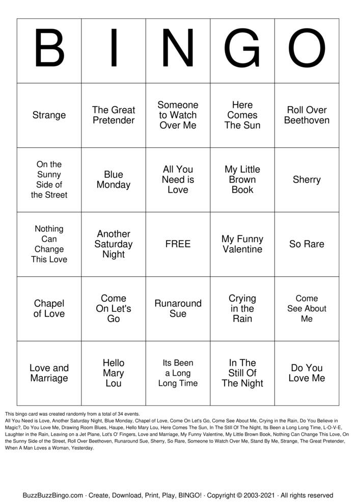 50s and 60s Bingo Cards to Download, Print and Customize!