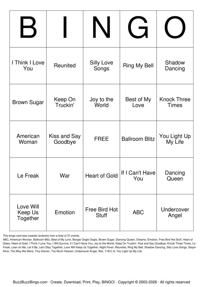 Download Free 80iger  Hit Songs Bingo Cards
