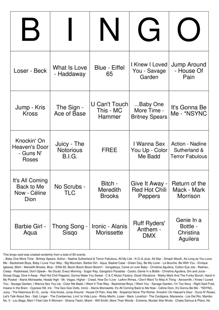 Download Free 90s Music Bingo Cards