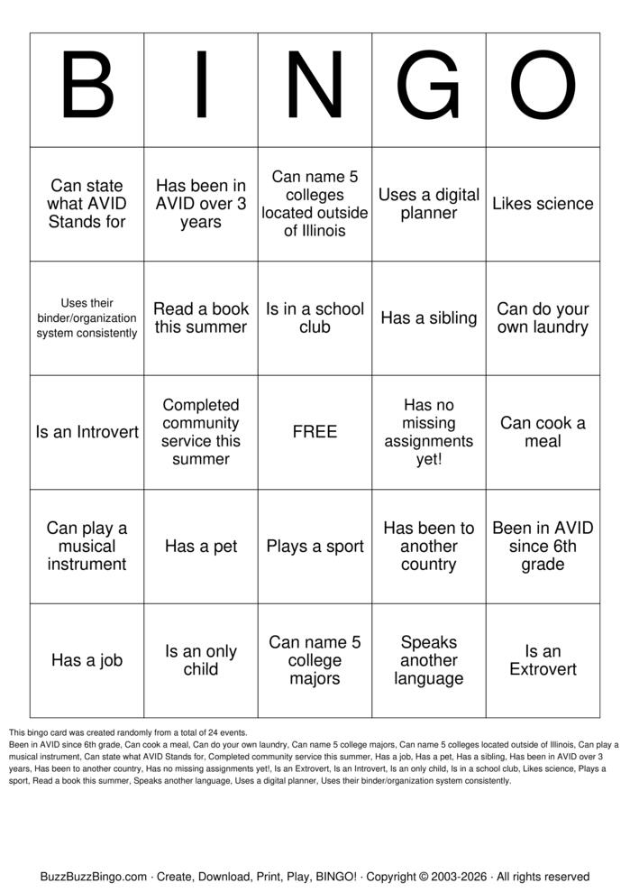 Download Free AVID Bingo Bingo Cards