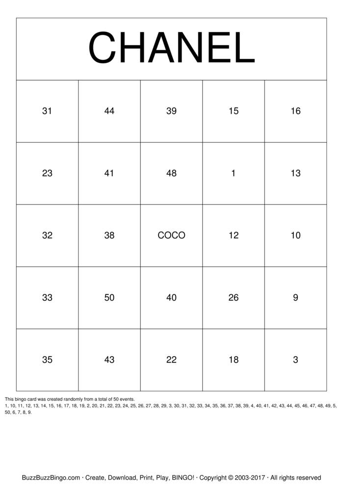 Download Free CHANEL Bingo Cards Download Free CHANEL Bingo Cards