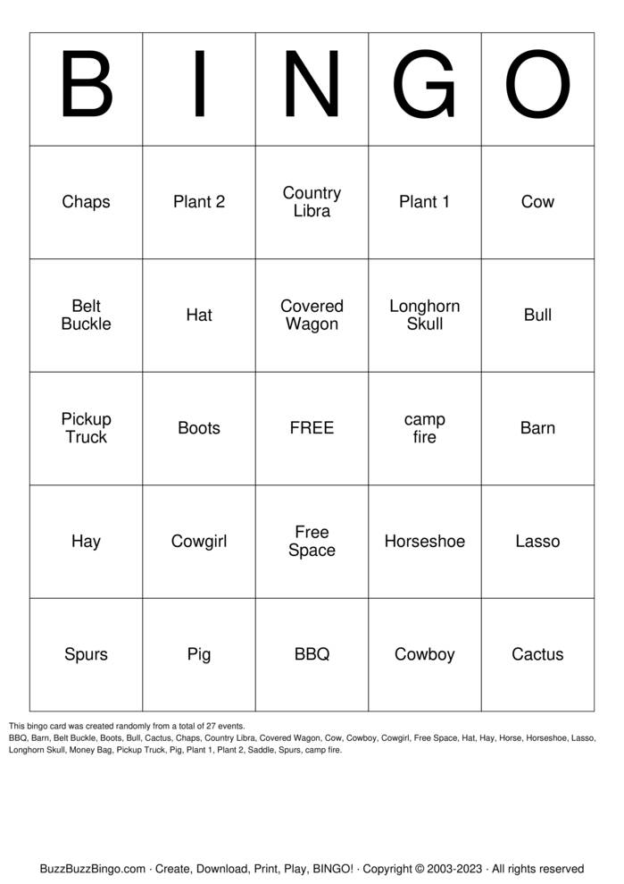 Download Free COWBOY Bingo Cards