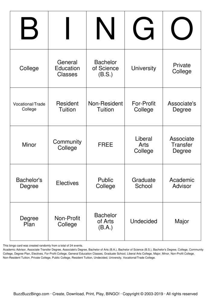 Download Free College-Related Vocabulary Bingo Cards