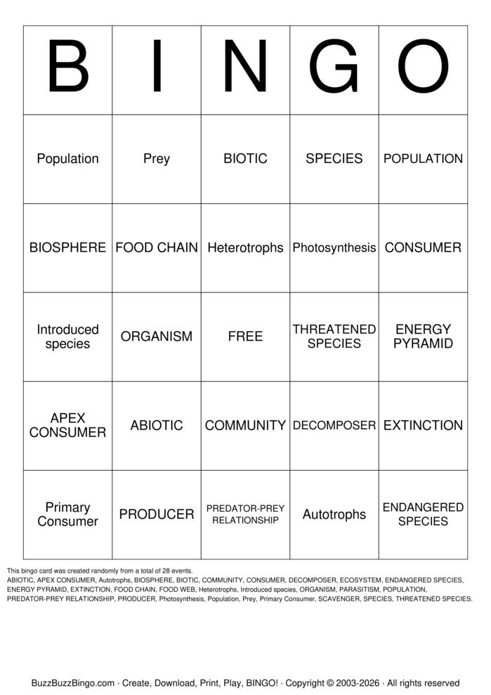 Download Free Ecosystems Bingo Cards