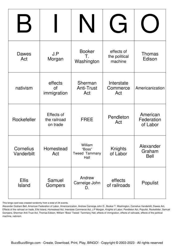 Download Free Gilded Age IV Bingo Cards