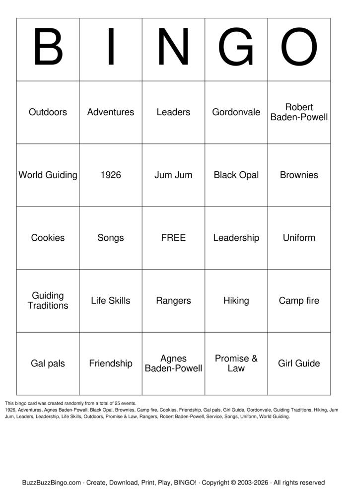 Download Free Gordonvale Girl Guides Bingo Cards Download Free Gordonvale Girl Guides Bingo Cards