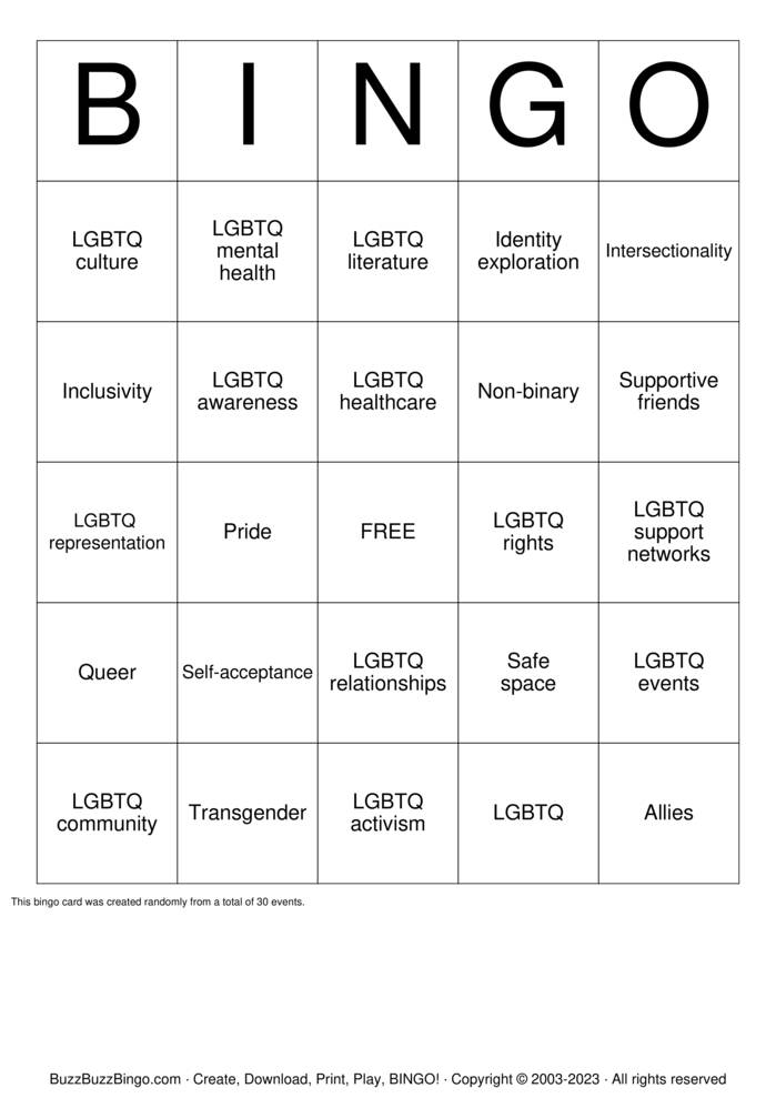 Download Free LGBTQ Support Groups Bingo Cards