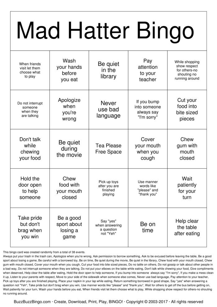 Manners Bingo Cards to Download, Print and Customize!