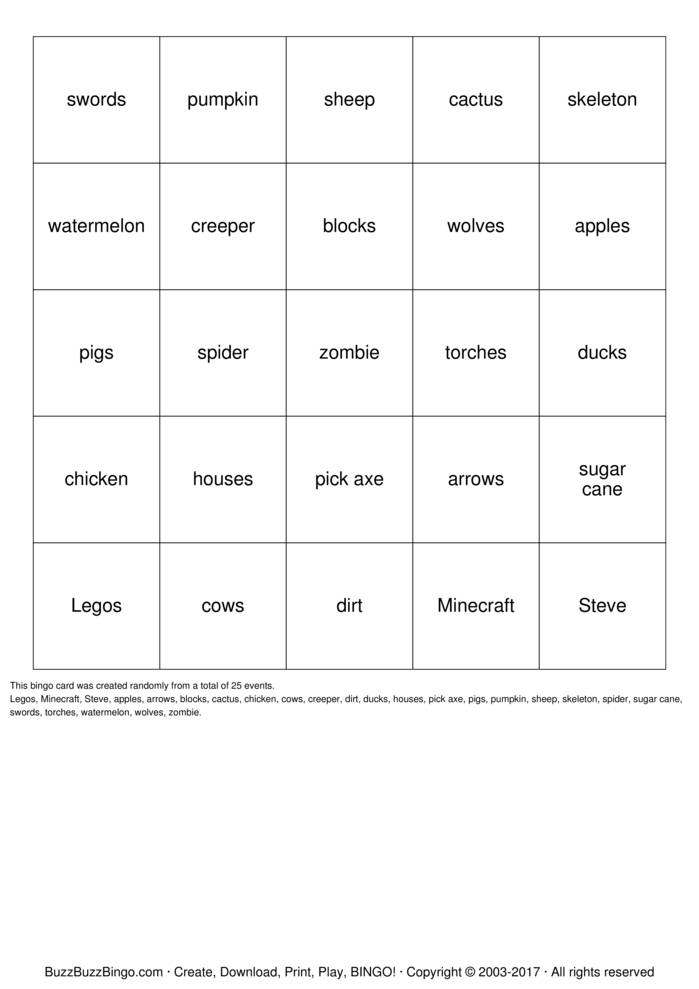 Download Free MineCraft Bingo Cards