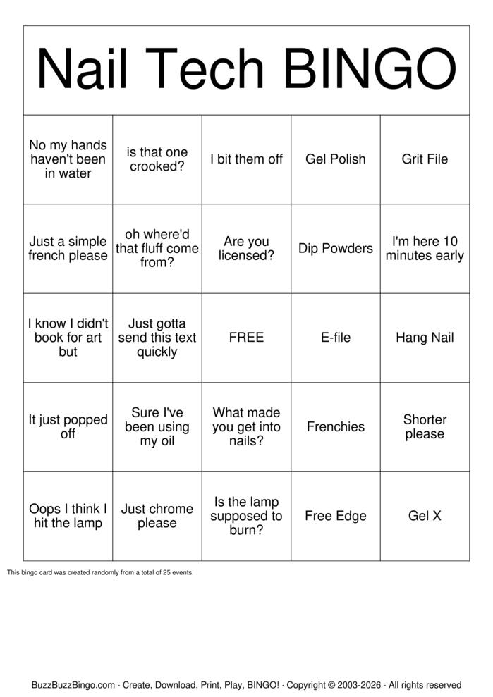 Download Free Nail technology Bingo Cards Download Free Nail technology Bingo Cards