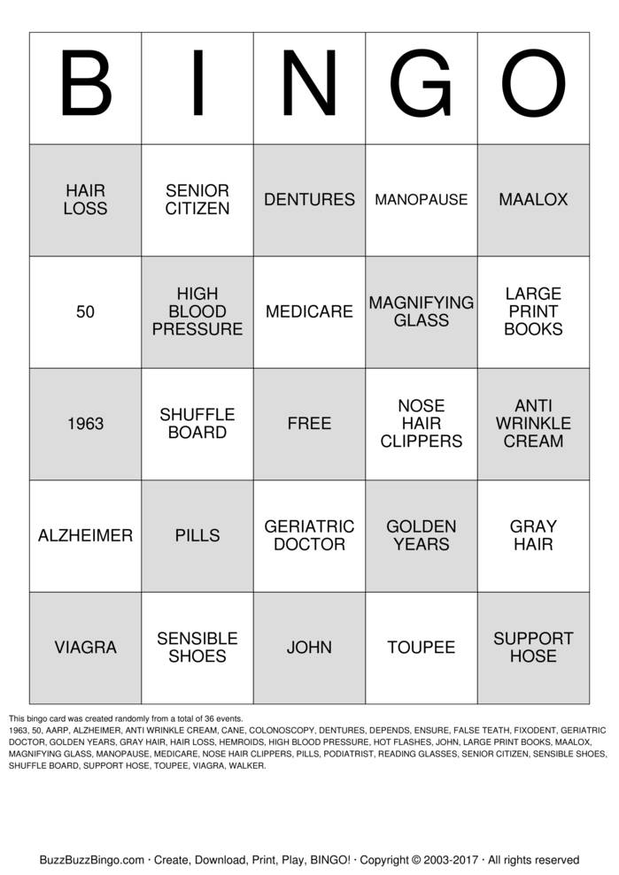 Download Free OVER THE HILL Bingo Cards