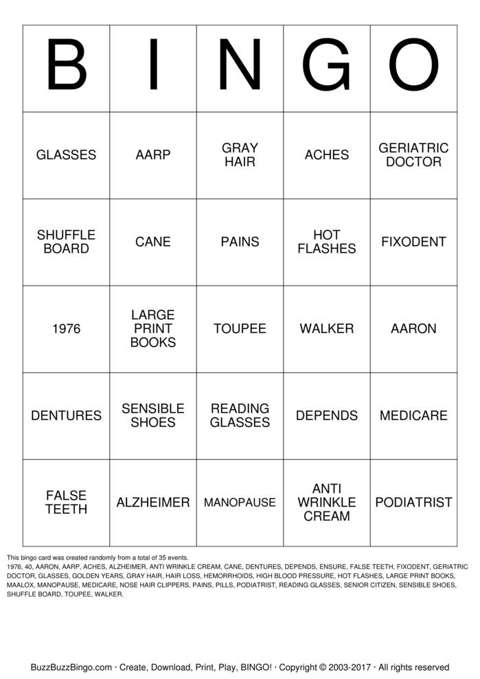 OVER THE HILL Bingo Cards to Download, Print and Customize!
