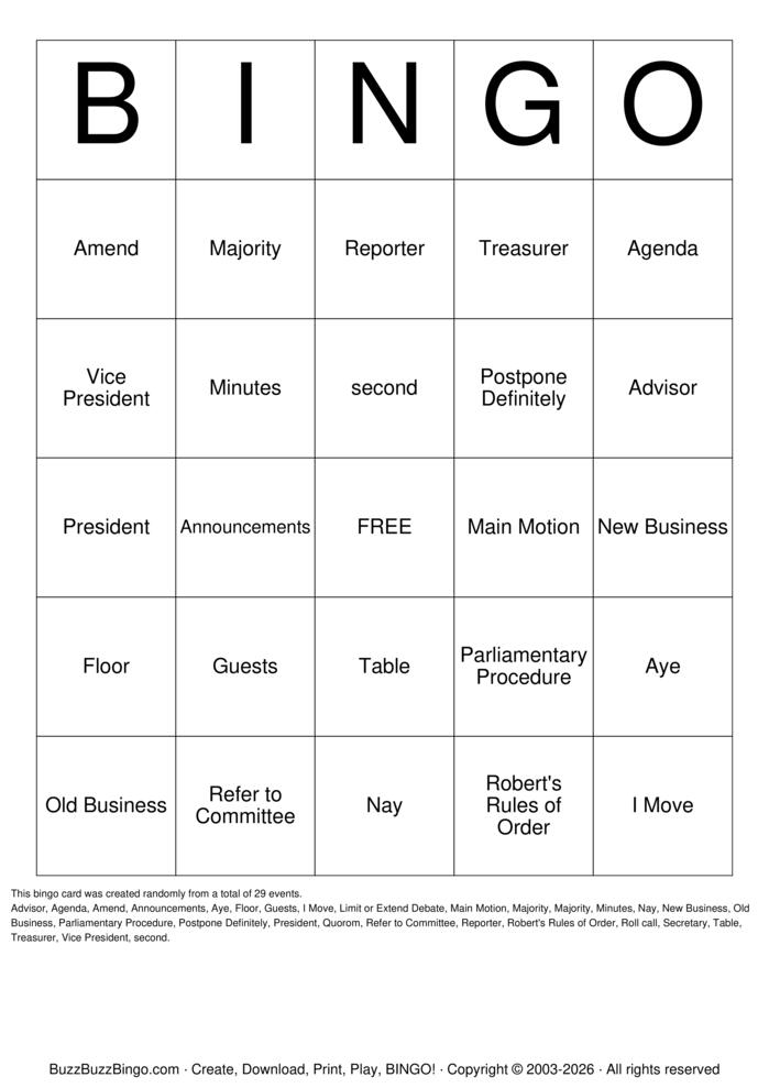 Download Free Parliamentary Procedure Bingo Cards Download Free Parliamentary Procedure Bingo Cards