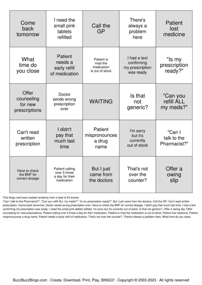 Download Free Pharmacy Bingo Bingo Cards