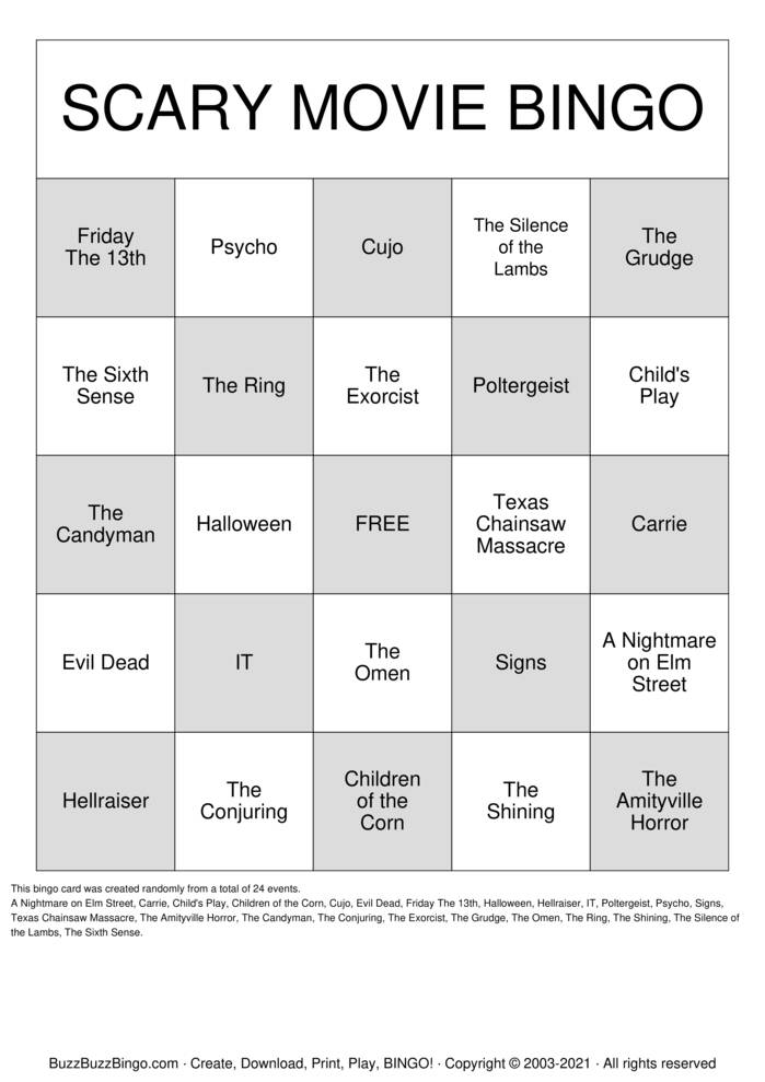 Download Free SCARY MOVIE BINGO Bingo Cards