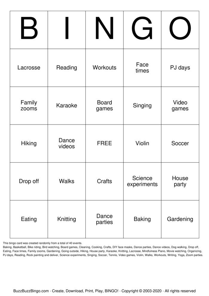 Download Free Share Jr Quarantine Activities Bingo Cards