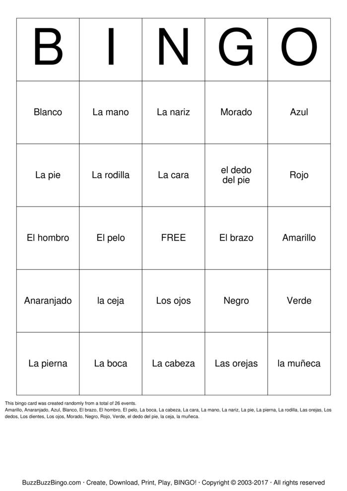 Download Free Spanish Body Parts Bingo Cards