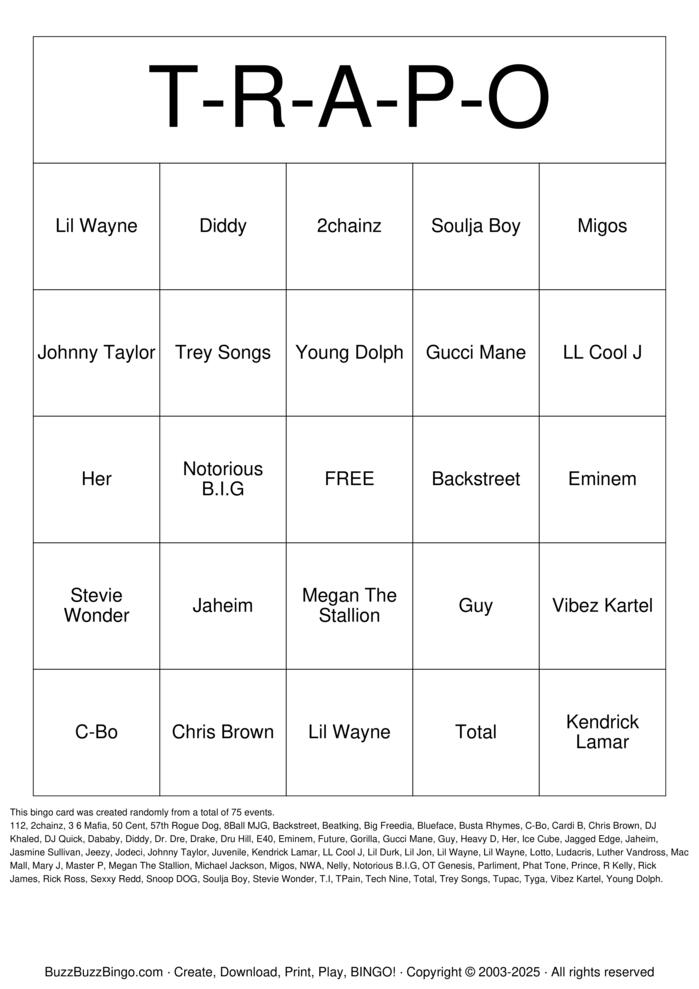 Download Free Trap Bingo Bingo Cards