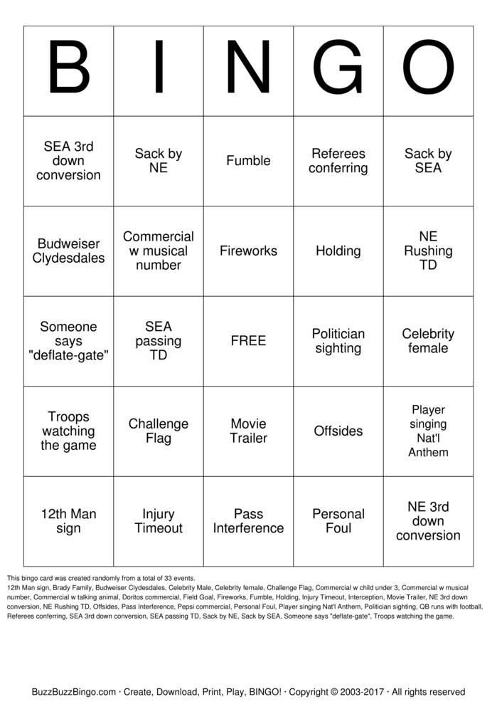 2015 Superblwl NE vs SEA Bingo Cards to Download, Print and Customize!