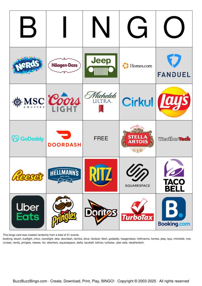 2025 Superbowl Commercial Logos Bingo Cards to Download, Print and ...