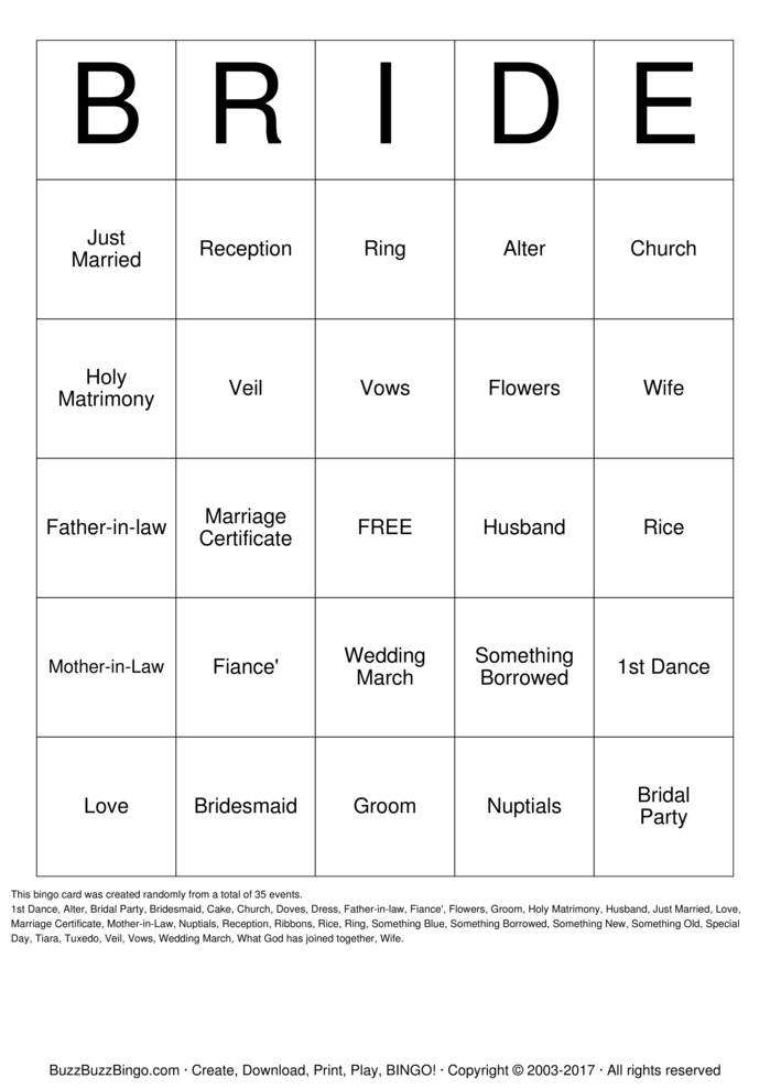 Download Free BRIDE Bingo Cards