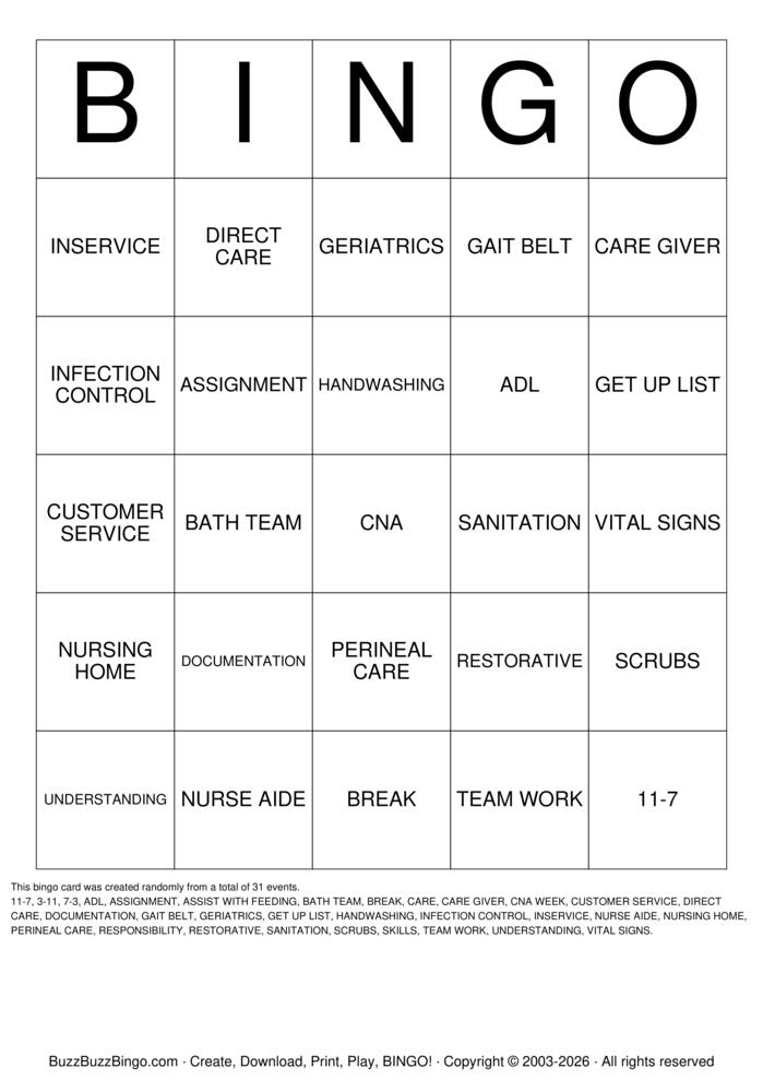 Download Free CNA Bingo Cards