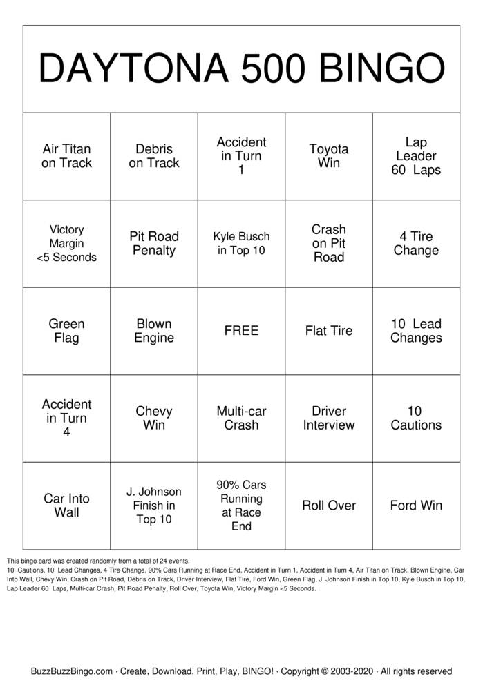 Download Free DAYTONA 500 Bingo Cards