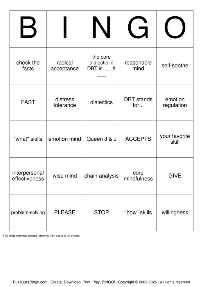 Download Free DBT Bingo Cards