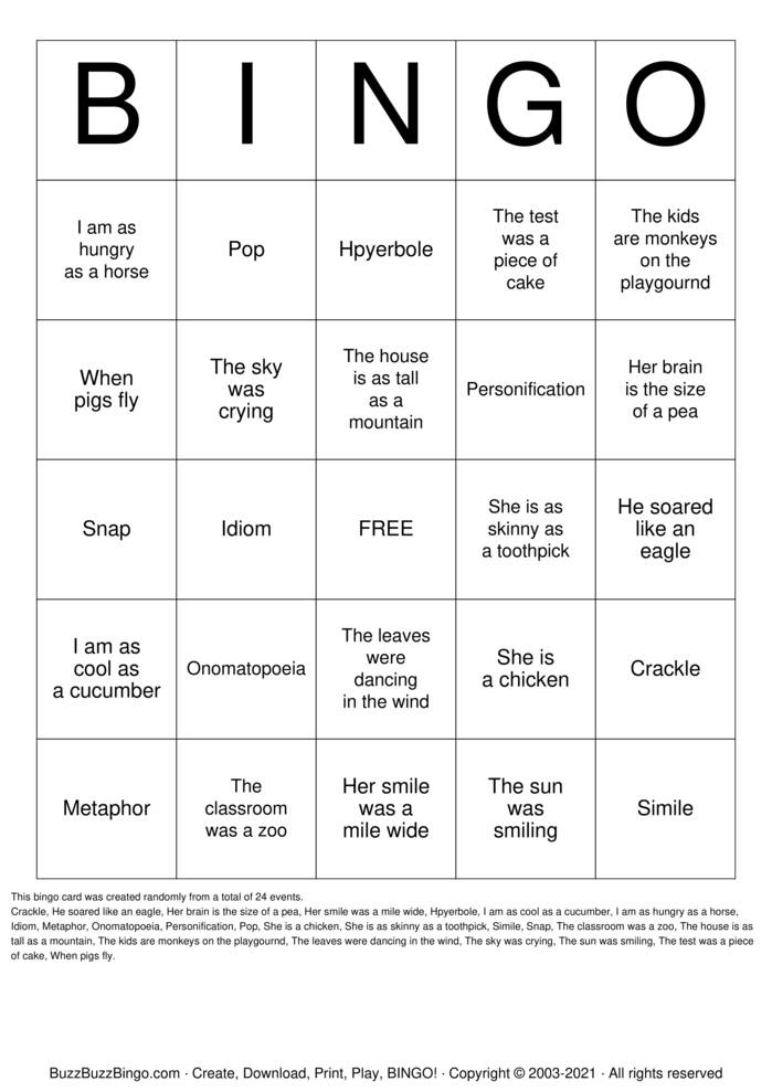 Figurative Language Bingo Cards to Download, Print and Customize!