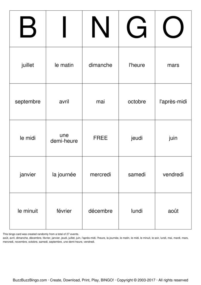Download Free French Time and Date Words Bingo Cards
