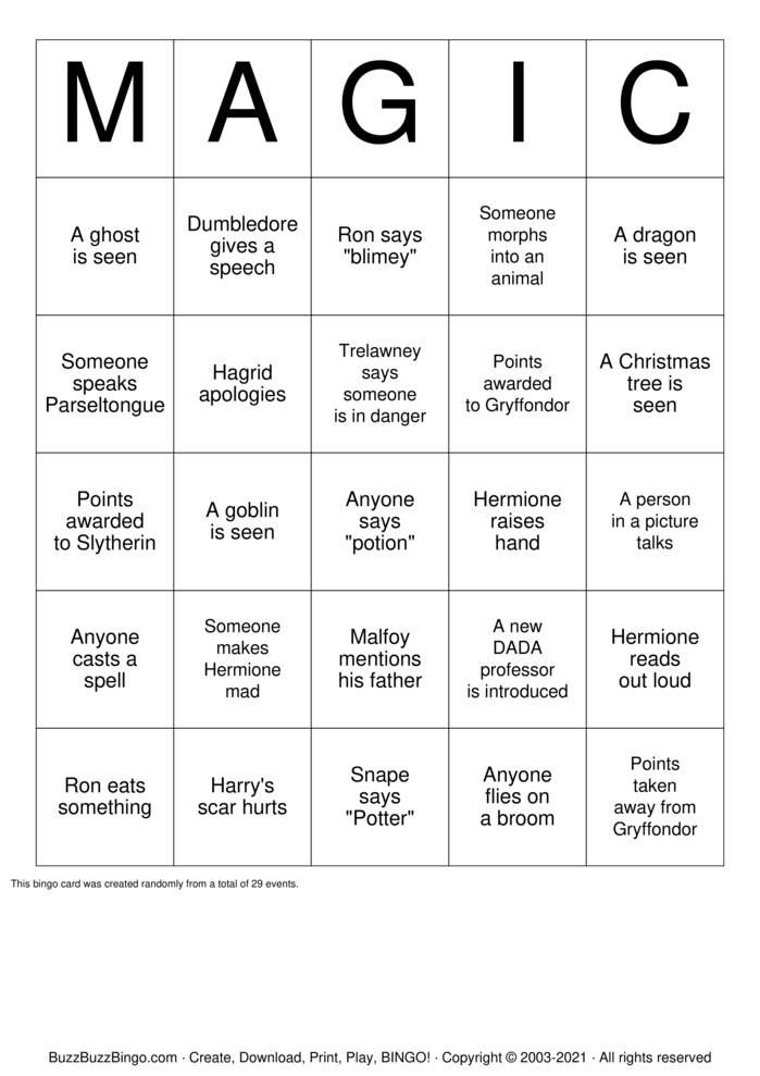 Harry Potter Bingo Bingo Cards to Download, Print and Customize!