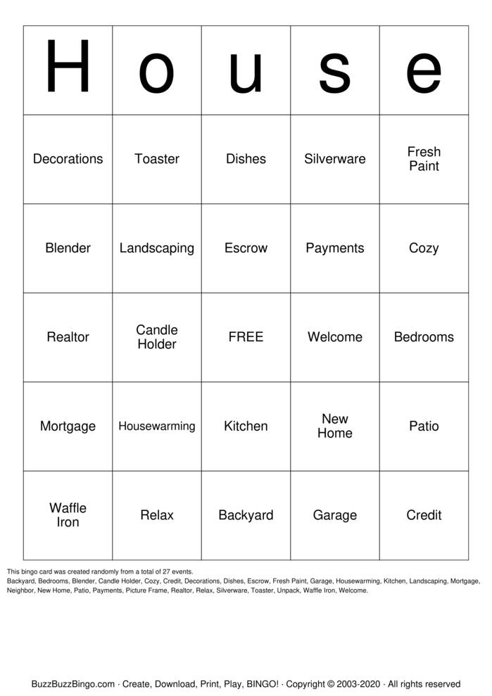 Housewarming Bingo Cards to Download, Print and Customize!