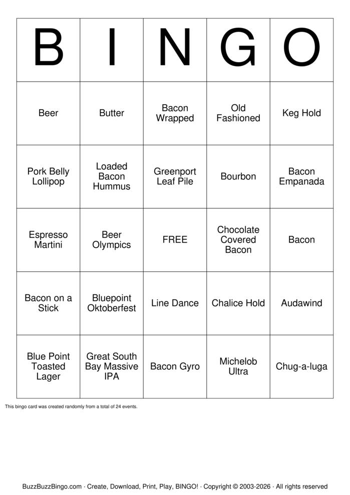Download Free I Love Bacon, Butter, Beer, and Bingo Bingo Cards