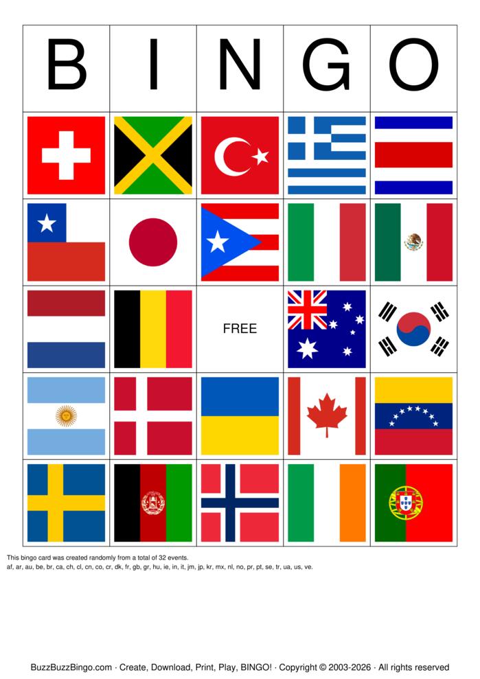 Download Free Images of Country Flags Bingo Cards
