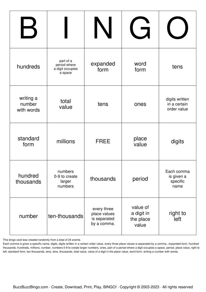 Download Free Math -Place Value Bingo Cards