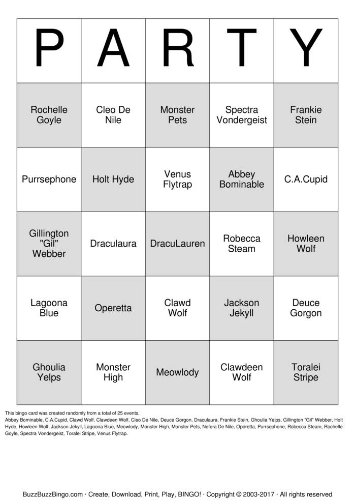 Monster High Bingo Cards to Download, Print and Customize!