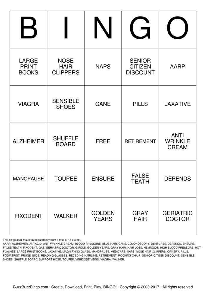 OVER THE HILL Bingo Cards to Download, Print and Customize!